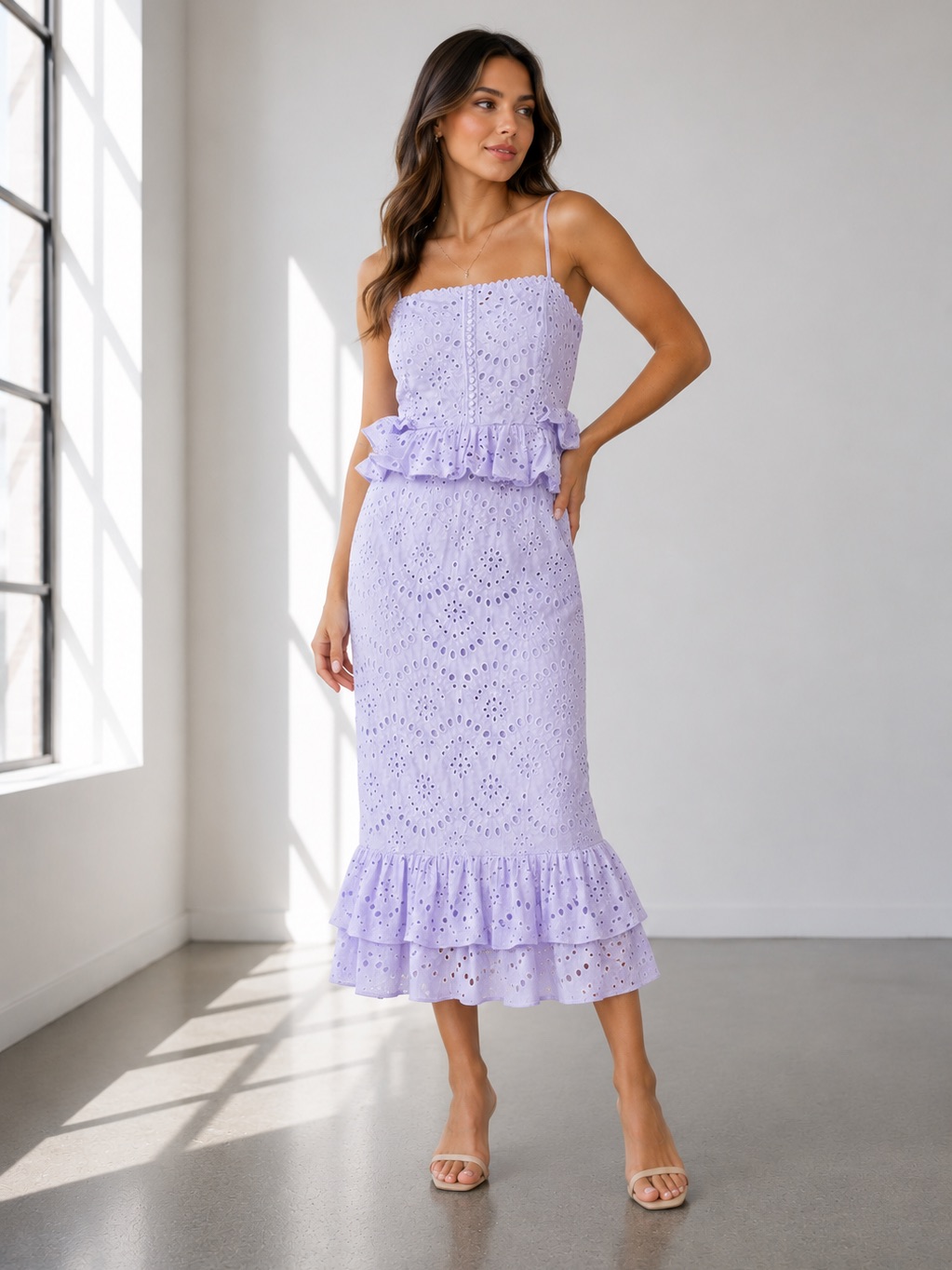 257. Sleeveless Lavender Eyelet Midi Dress With Ruffle Hem